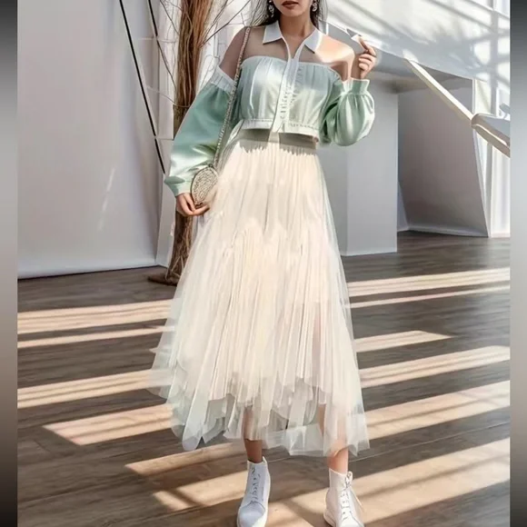 Luxe mesh asymmetrical hem maxi skirt - Picture 4 of 15